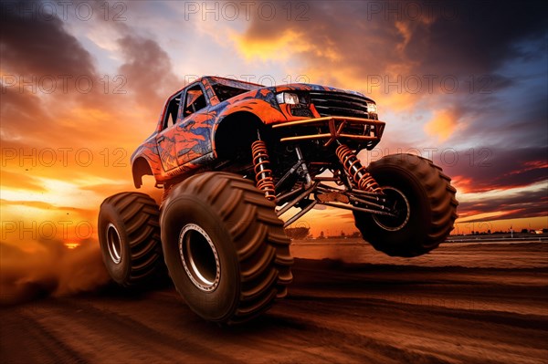 Monster truck driving and jumping outdoors amidst a cloud of dust. Thrill and adrenaline of an outdoor racing event on off-road terrain, AI generated