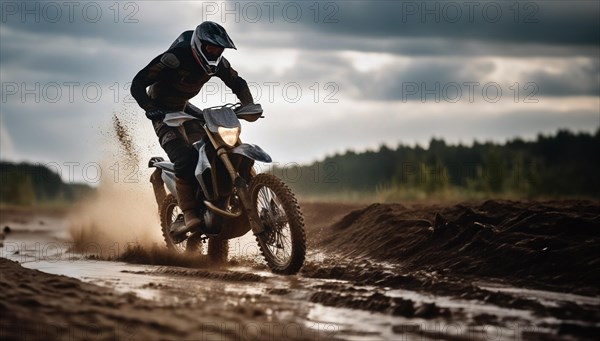 Motocross on an enduro motorcycle through mud and sand, a motorcyclist in gear and a helmet rides off-road, AI generated