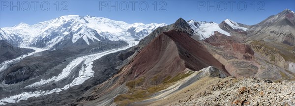 High mountain landscape with glacier moraines and glacier tongues, glaciated and snow-covered mountain peaks, Lenin Peak and Peak of the XIX Party Congress of the CPSU, Traveller's Pass, Trans Alay Mountains, Pamir Mountains, Osh Province, Kyrgyzstan, Asia