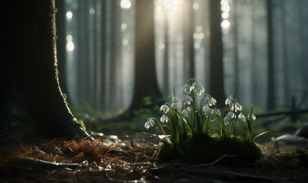 Morning sunlight filters through the forest, illuminating snowdrops AI generated