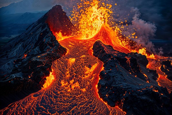 A spectacular volcanic eruption at night with flowing lava and rising clouds of smoke, AI generated, AI generated