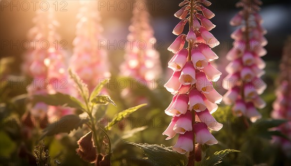 Sunset light filters through pink Digitalis ferruginea â€˜Gigantea flowers in a peaceful garden, AI generated