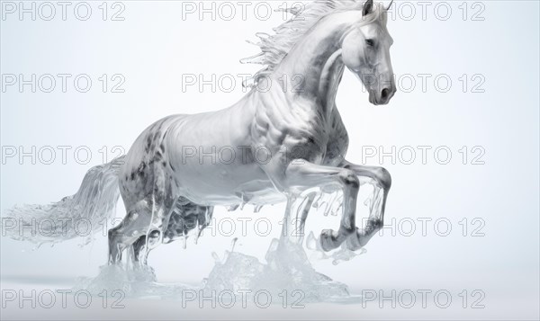 White horse with flying hair and splashes of water on white background. Frozen water splashes on background. Horse in dynamic pose AI generated