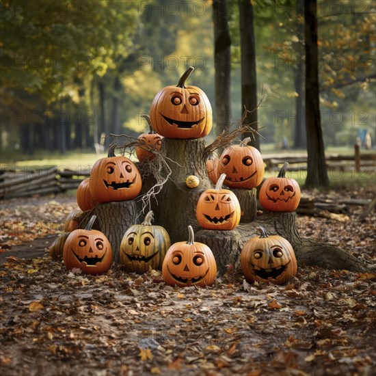 Grouped Halloween pumpkins with carved faces in front of a tree, pumpkins with personality, AI-Generated & Photoshop, HobbyZone-Alpha, Haan, North Rhine-Westphalia, Germany, AI generated, Europe