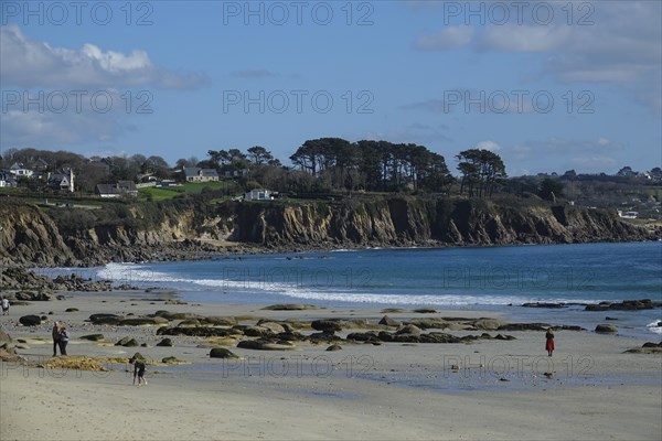 Sandy beach beach Plage Du Trez Hir in Plougonvelin on the Atlantic coast at the mouth of the Bay of Brest, Finistere Penn ar Bed department, Brittany Breizh region, France, Europe