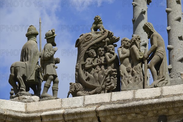 Stone reliefs Descent of Christ into hell, returning with Adam and Eve, Calvary Calvaire, Enclos Paroissial de Pleyben enclosed parish from the 15th to 17th century, Finistere department, Brittany region, France, Europe