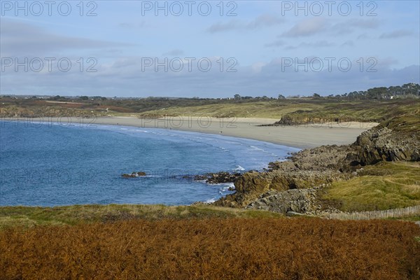 Sandy beach beach Plage des Blancs Sablons, seen from the peninsula Kermorvan, Le Conquet, department Finistere Pen ar Bed, region Bretagne Breizh, France, Europe