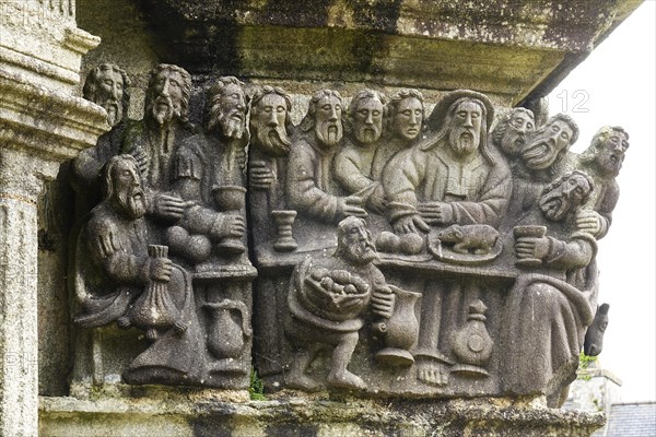 Calvary Calvaire, granite stone carving, Enclos Paroissial parish enclosure of Guimiliau, Finistere Penn ar Bed department, Brittany Breizh region, France, Europe