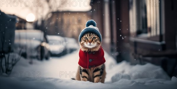 Cat in winter warm clothes in the winter on Snowy Street in the cold. The concept of warm clothes for the pet, AI generated