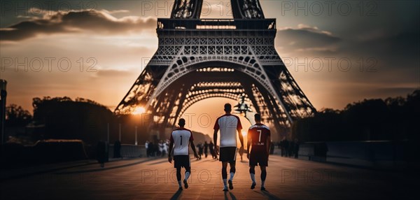 Sports National team of players in Paris at the Olympic Games 2024. Athletes at the Eiffel Tower, AI generated