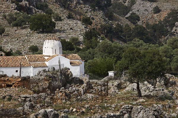 Church of St Michael the Archangel, cross-domed church, A white church stands in the middle of a natural, rocky landscape, Aradena Gorge, Aradena, Sfakia, Crete, Greece, Europe