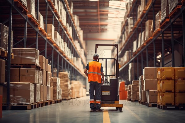 A worker in a reflective vest operates a forklift in a well-lit warehouse, navigating through aisles stacked with packaged goods. Efficiency and organization of a modern distribution center, AI generated