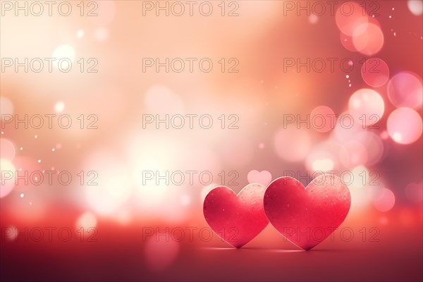 A beautiful and romantic background featuring two elegant red hearts against a soft, bokeh light effect, perfect for Valentine Day or any love-themed design, AI generated