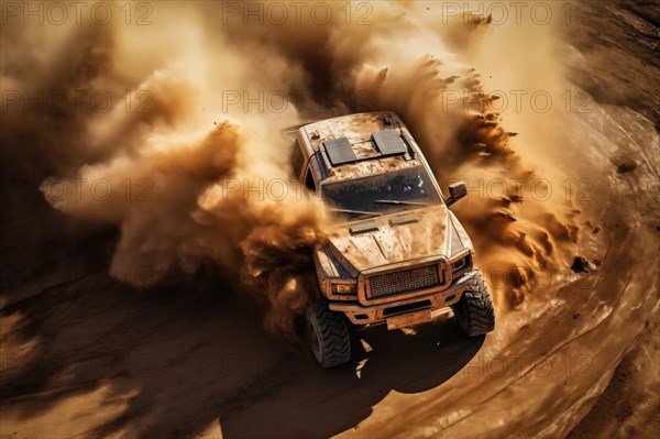 A dynamic aerial view of monster truck, with large tires, making its way off-road through rough terrain, kicking up dust and debris, AI generated