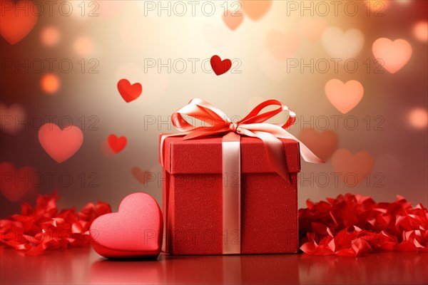 Valentine's Gift red gift box adorned with a soft pink ribbon, surrounded by heart-shaped confetti and a bokeh background. Feelings of love, affection, and surprise, AI generated