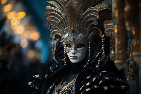 A person adorned in a richly detailed mask and costume, capturing the essence of the Venice Carnival's grandeur and mystery, AI generated