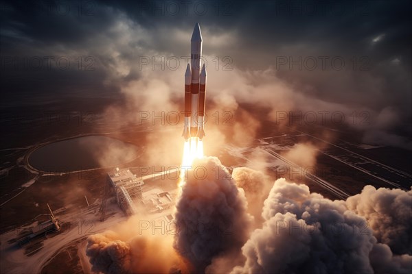 Aerial view of a rocket launch at sunrise sunset over an ocean coast. The rocket is blasting off with a trail of smoke and flames behind it, AI generated