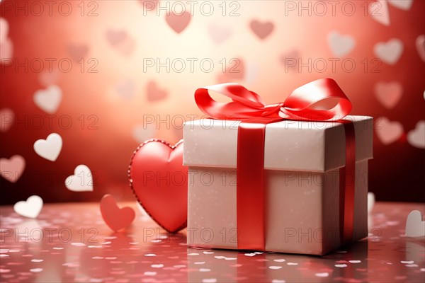 Valentine's Gift red gift box adorned with a soft pink ribbon, surrounded by heart-shaped confetti and a bokeh background. Feelings of love, affection, and surprise, AI generated