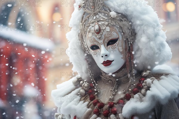 A person adorned in a richly detailed and colorful carnival costume, complete with an elaborate mask, participates in the iconic Venice Carnival with snowfall, AI generated