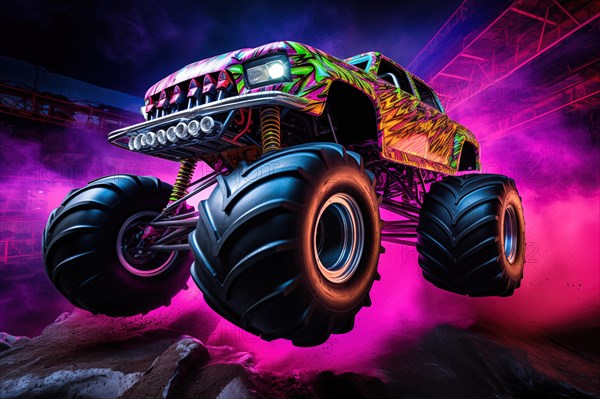 Monster truck with neon lighting, jumping off-road in cloud of dust. Excitement and thrill of an extreme sport, AI generated