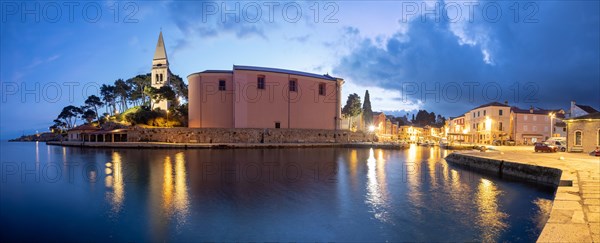 St. Anthony's Church and harbour, blue hour at dawn, panoramic view, Veli Losinj, Kvarner Bay, Croatia, Europe