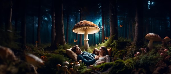 Couple resting in the forest under mushrooms, the concept of a fly agaric psilocybin trip, AI generated