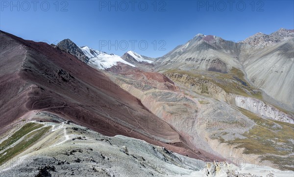 Mountain landscape of glacial moraines, mountains with red and yellow rocks, glaciated mountains in the background, Traveller's Pass below Pik Lenin, Trans Alay Mountains, Pamir Mountains, Osh Province, Kyrgyzstan, Asia