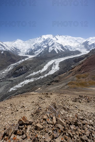 High mountain landscape with glacier moraines and glacier tongues, glaciated and snow-covered mountain peaks, Lenin Peak and Peak of the XIX Party Congress of the CPSU, Traveller's Pass, Trans Alay Mountains, Pamir Mountains, Osh Province, Kyrgyzstan, Asia