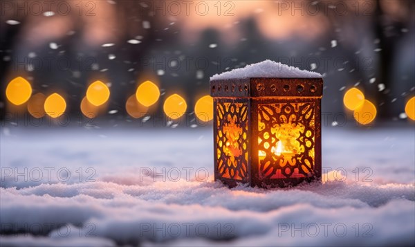 Christmas lantern with snow and bokeh background. Festive decoration AI generated