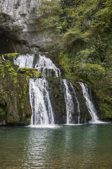 Spring and waterfall, Source du Lison, Source des Lison, Nans-sous-Sainte-Anne, Departement Doubs, Bourgogne-Franche-Comte, Jura, France, Europe