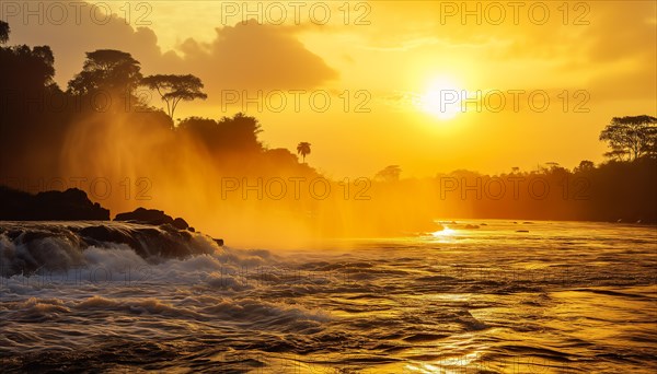 Sunset over a powerful Inga waterfall in the democratic republic of Congo with mist rising and the sky painted in warm hues, AI generated