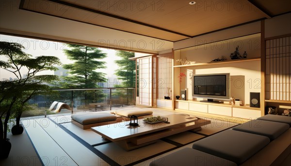 Modern Japanese living room blending traditional elements with a sleek, minimalist designA, AI generated