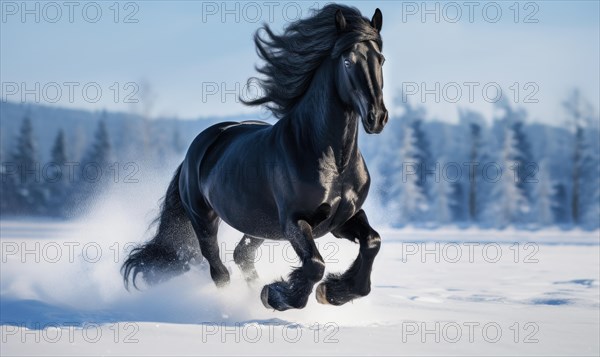 Black stallion galloping in the snow in the winter forest AI generated
