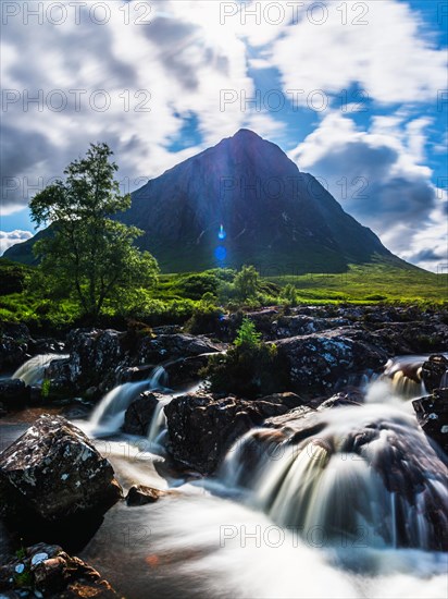 Waterfall under Buachaille Etive Mor, River Coupall, Glen Etive and River Etive, Highlands, Scotland, UK