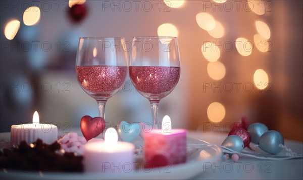 Beautiful arrangement with sparkling water in wine glasses, and romantic candlelight AI generated