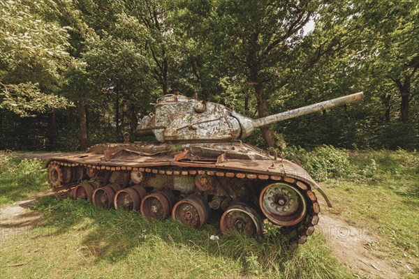 An old, rusty tank surrounded by green vegetation in the forest, M47 Patton, Lost Place, Brander Wald, Aachen, North Rhine-Westphalia, Germany, Europe