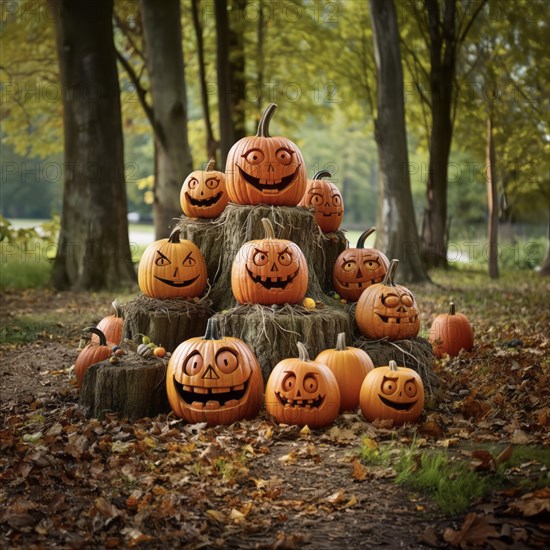 Various Halloween pumpkins decorate a tree stump, pumpkins with personality, AI-Generated & Photoshop, HobbyZone-Alpha, Haan, North Rhine-Westphalia, Germany, KI generiert, AI generated, Europe