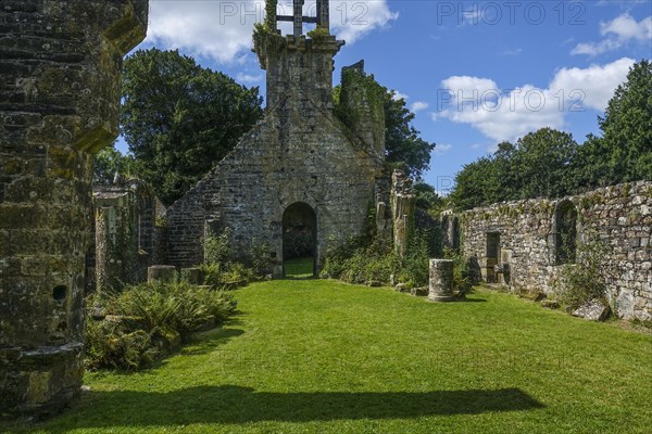 Ruins of the Eglise Saint-Pierre de Quimerch church in the abandoned old hamlet of Pont-de-Buis-les-Quimerch, Finistere Penn ar Bed department, Bretagne Breizh region, France, Europe