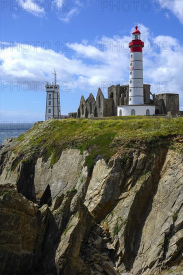 Semaphore, ruins of the Saint-Mathieu abbey and lighthouse on the Pointe Saint-Mathieu, Plougonvelin, Finistere department, Brittany region, France, Europe