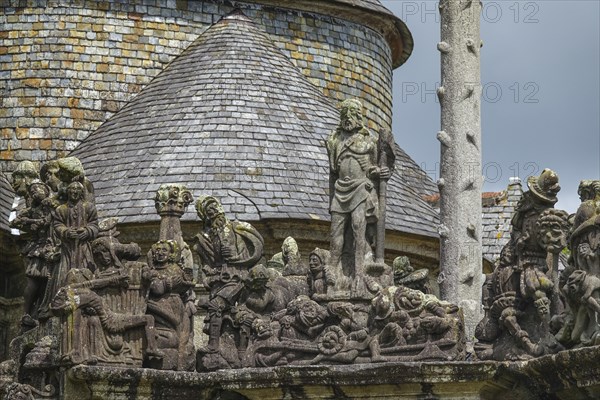 Calvary Calvaire, granite stone carving, Enclos Paroissial parish enclosure of Guimiliau, Finistere Penn ar Bed department, Brittany Breizh region, France, Europe