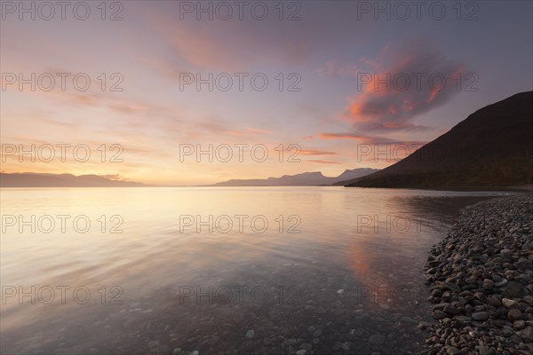 Laporten in northern Sweden, Lapland. Dawn in Bjoerkliden on Lake Tornetraesk