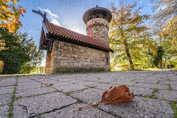 Old watchtower surrounded by trees with an autumn leaf in the foreground, Hachelturm, Pforzheim, Germany, Europe
