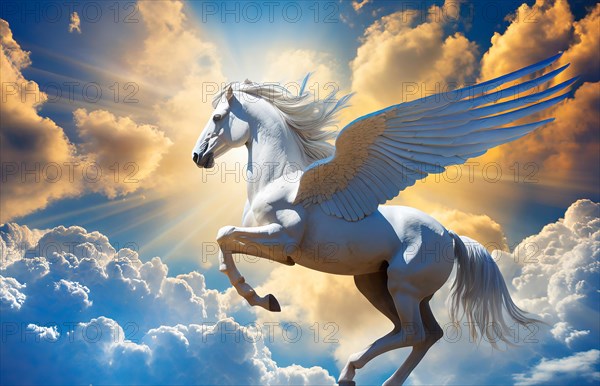 Greek mythology, the winged horse Pegasos flies in the sky, AI generated, AI generated