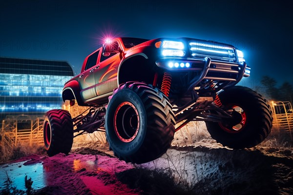Monster truck with neon lighting, off-road in cloud of dust. Excitement and thrill of an extreme sport, AI generated