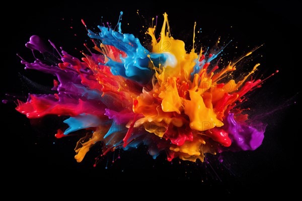 Abstract background of vibrant colorful paint splashes on black background, AI generated