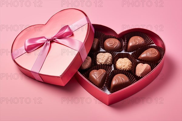 Heart-shaped box with a selection of finely crafted chocolates, perfect for Valentine's Day, on pink background. Feelings of love, sweetness and indulgence, AI generated