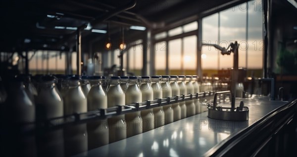 Plant for the production of milk and dairy products, conveyor belt with bottles of milk, AI generated