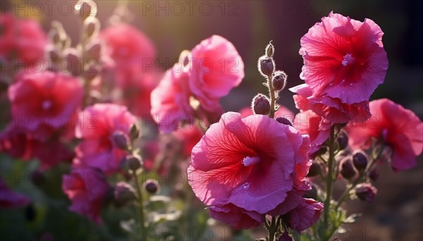 Sunlight softly illuminates pink hollyhocks bloom in a serene garden setting, AI generated, AI generated