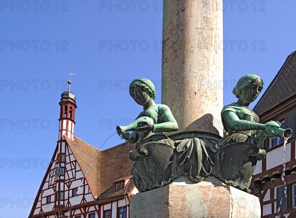 Forchheim, Leisgang Fountain, fountain in front of the town hall, built in 1927 by Georg Leisgang, Upper Franconia, Bavaria, Germany, Europe