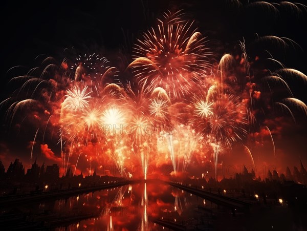 Vivid fireworks bursting over a city's skyline beside a river with reflections on the water, AI generated
